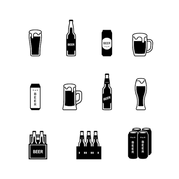 Black and white beer glyph set Vector illustration