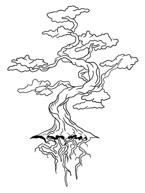 black and white bonsai tree illustration