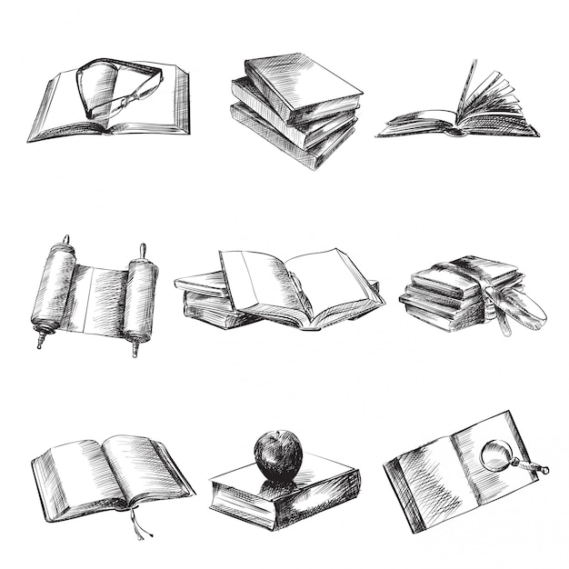 Black and white books illustration set