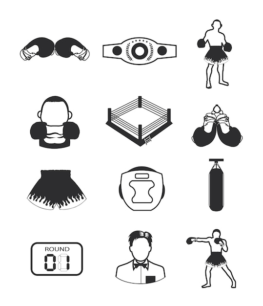 Vector black and white boxing icons collection