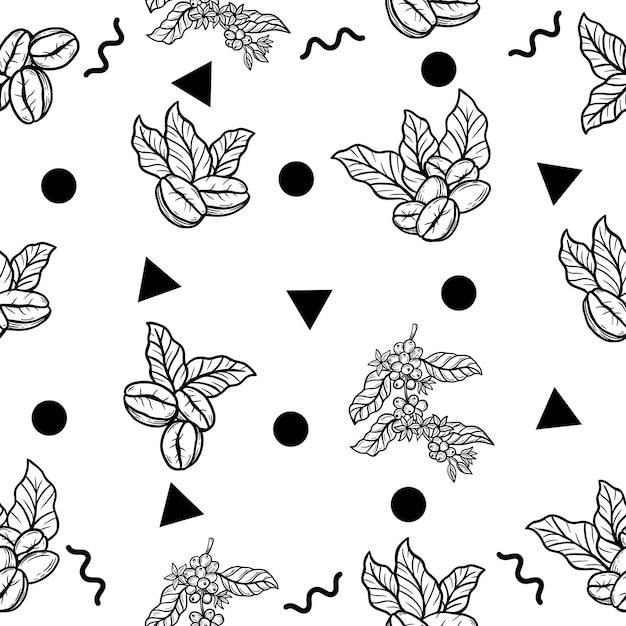 Черно-белая ветвь кофе с фасолью и листьями Ручной рисунок случайного черного объекта Иллюстрация Белый