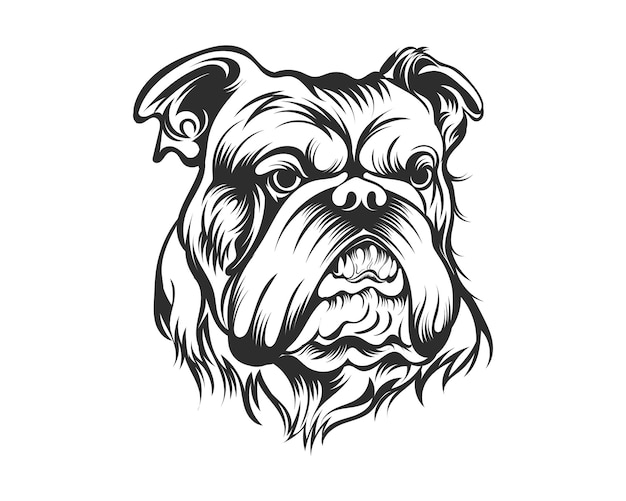Vector black and white bulldog vector illustration, angry face bull dog vector