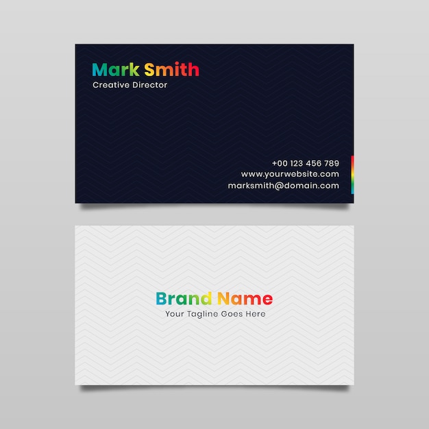 Black and white business card with rainbow details