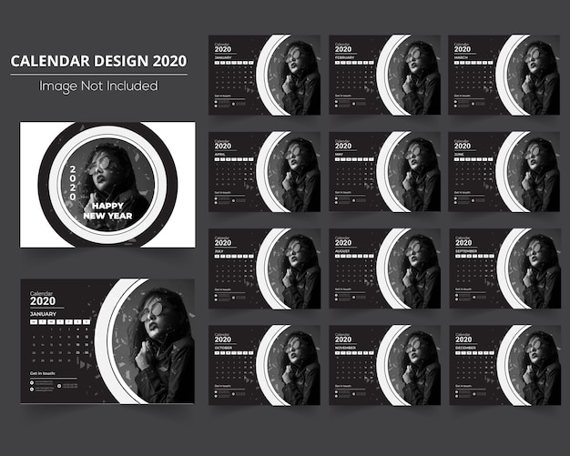 Vector black & white calendar  2020