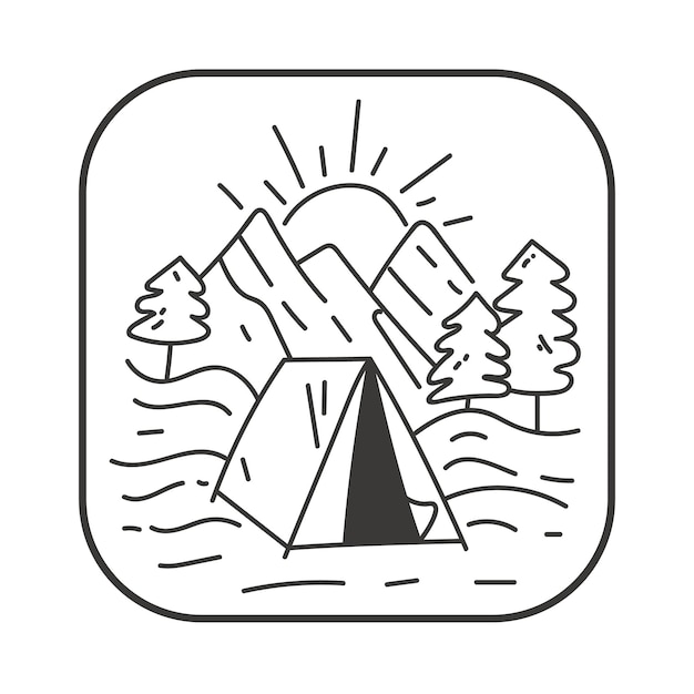 Black and white camp travel forest badge line outline art