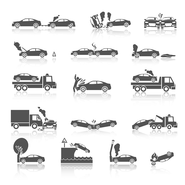 Vettore icone di incidente d'auto in bianco e nero