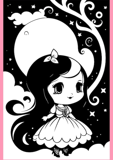 A black and white card with a girl in a dress and a moon on the bottom.