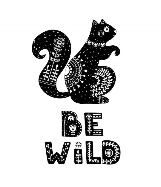 Vector black and white card with lettering and squirrel