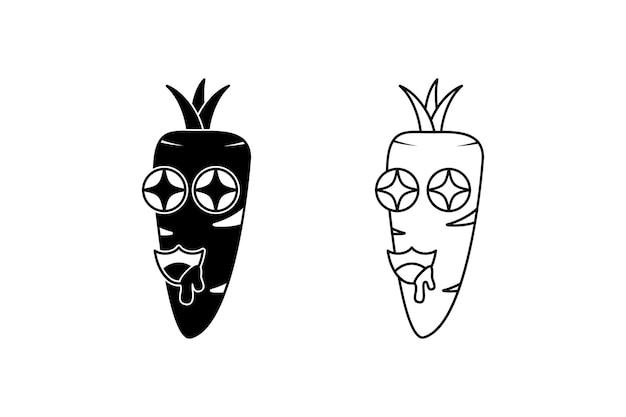 Black white carrot mascot illustration sparkling eyes silhouette line art cartoon emoticon