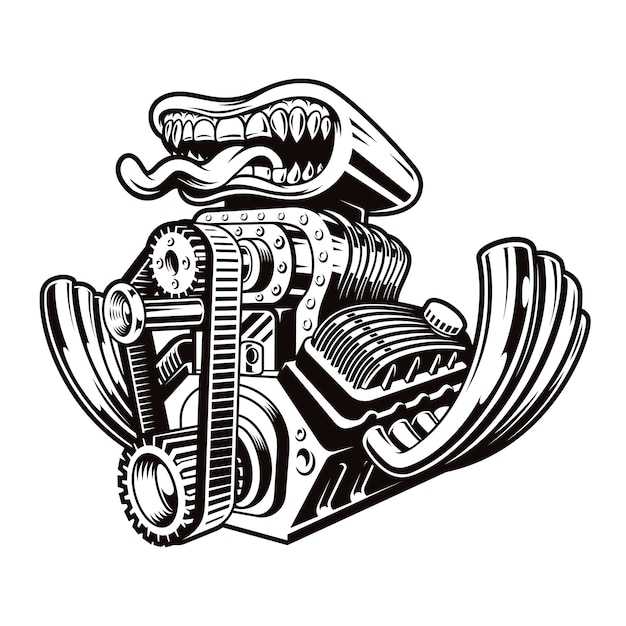 A black and white cartoon hot rod engine illustration isolated on a dark background