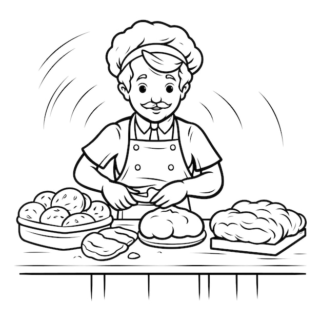 Black and White Cartoon Illustration of Bakery Chef with Baking Bread for Coloring Book