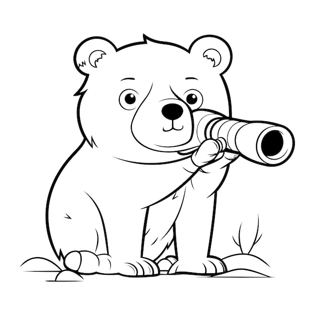 Vector black and white cartoon illustration of bear with binoculars for coloring book