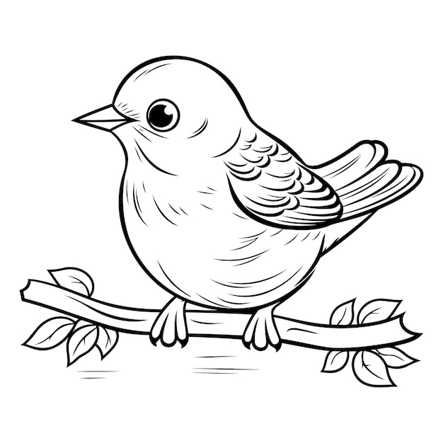 Black and White Cartoon Illustration of Bird Sitting on a Branch with Leaves Coloring Book