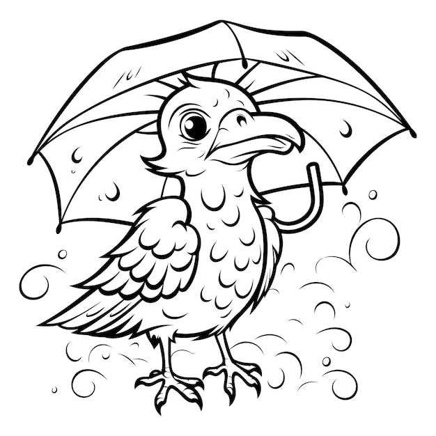 우산 을 가진 새 의 흑백 만화 일러스트레이션 또는 색채 책 을 위한 우산