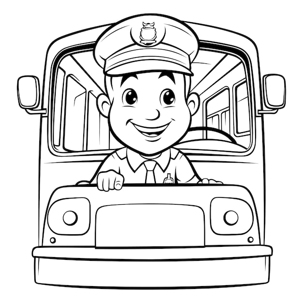 Vector black and white cartoon illustration of a boy police officer or policeman driving a school bus