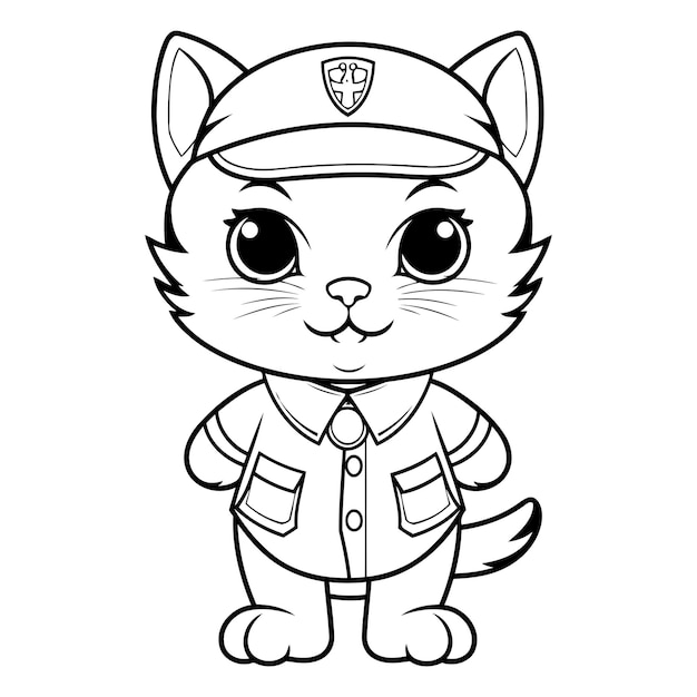 Vector black and white cartoon illustration of cat police animal character for coloring book