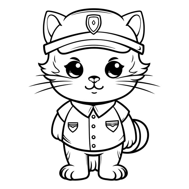 Vector black and white cartoon illustration of cat police officer character coloring book