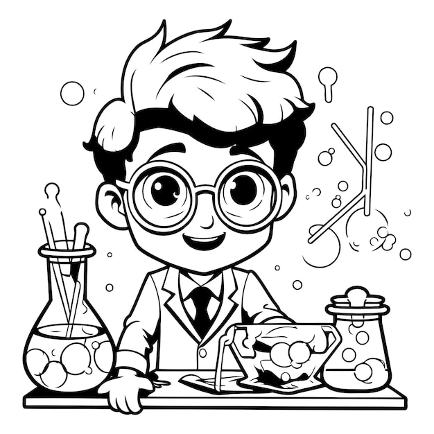 Black and White Cartoon Illustration of a Chemist or Professor Character Doing a Science Experiment