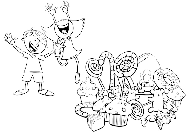 Black and white cartoon illustration of children characters and a pile of sweets coloring book page