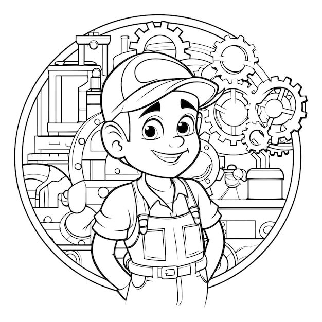 Black and White Cartoon Illustration of Cog Wheel Worker Character for Coloring Book