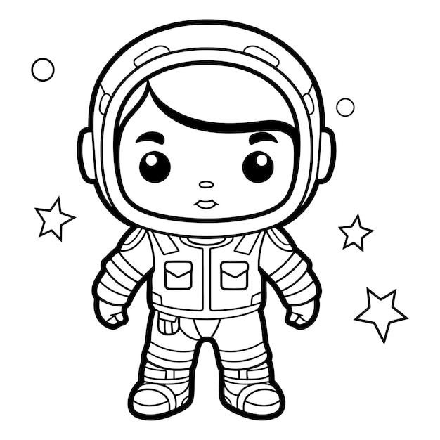 Black and White Cartoon Illustration of Cute Astronaut Character for Coloring Book