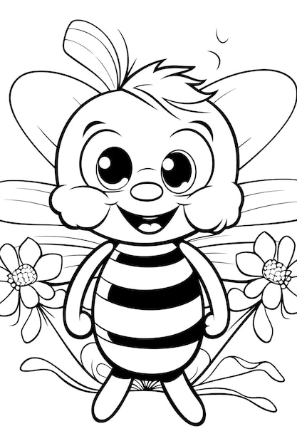 Vector black and white cartoon illustration of cute bee animal for coloring book