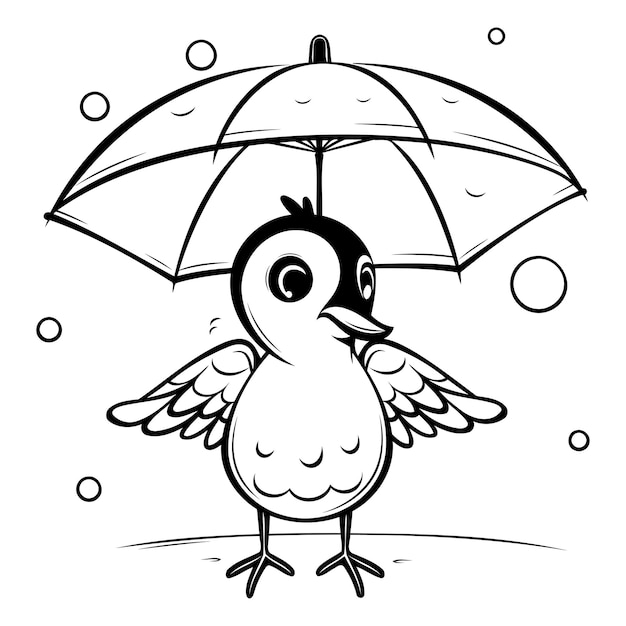 그림책 을 위해 우산 을 들고 있는 귀여운 새 의 흑백 만화 일러스트레이션