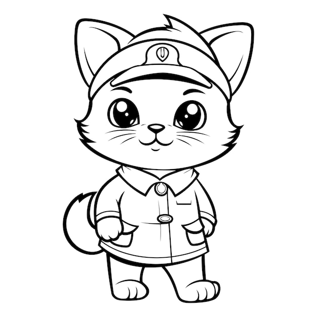 Black and White Cartoon Illustration of Cute Cat Captain Character Coloring Book