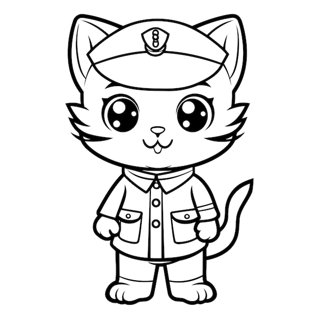 Vector black and white cartoon illustration of cute cat captain character coloring book