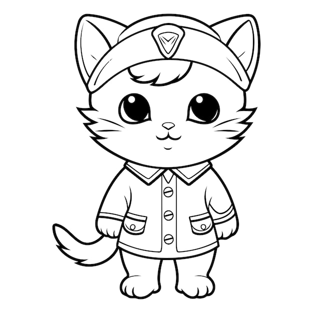 Vector black and white cartoon illustration of cute cat sailor character coloring book