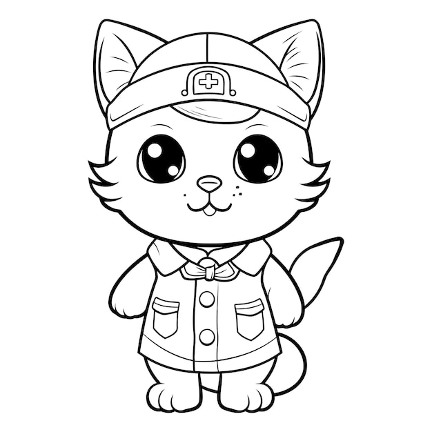 Vector black and white cartoon illustration of cute cat sailor character coloring book