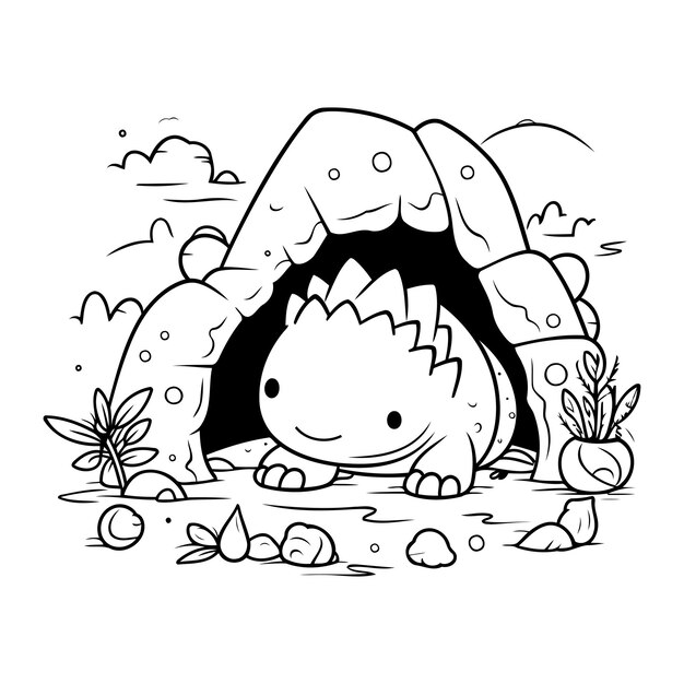 Vector black and white cartoon illustration of cute dinosaur character for coloring book