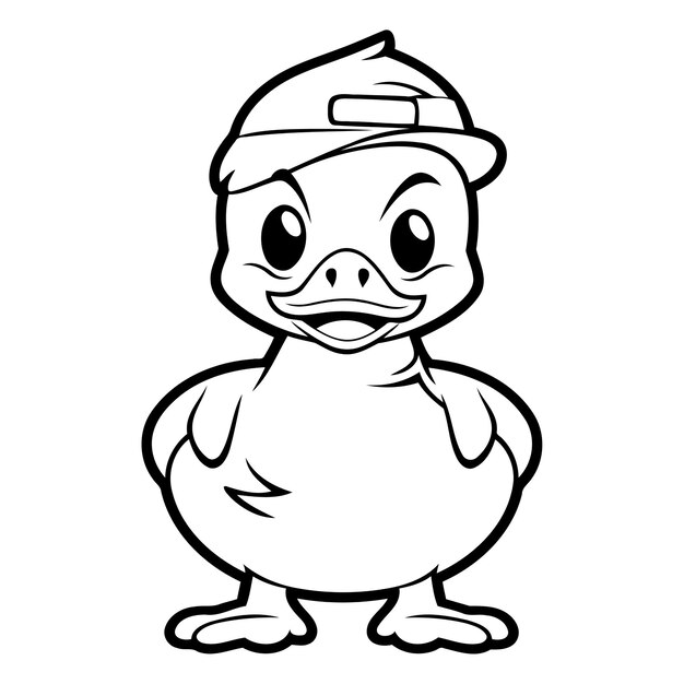 Vector black and white cartoon illustration of cute duck mascot character