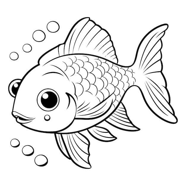 Black and White Cartoon Illustration of Cute Fish Animal Character for Coloring Book