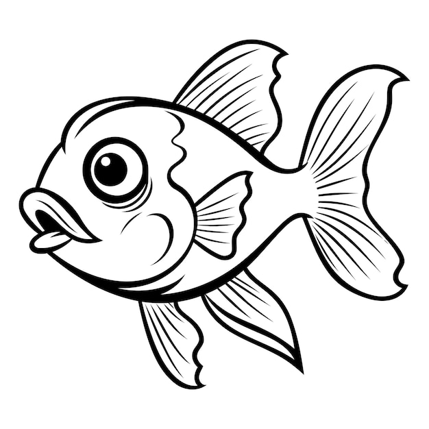 Vector black and white cartoon illustration of cute fish animal character for coloring book