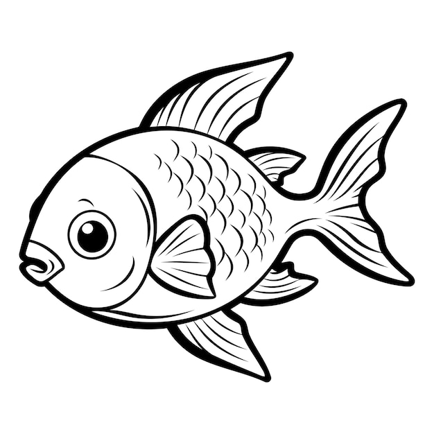 Black and White Cartoon Illustration of Cute Fish Animal Character for Coloring Book