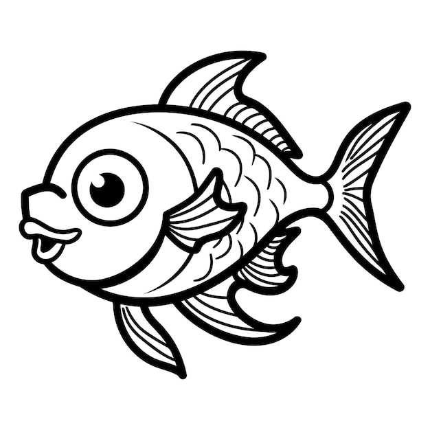 Black and White Cartoon Illustration of Cute Fish Character for Coloring Book