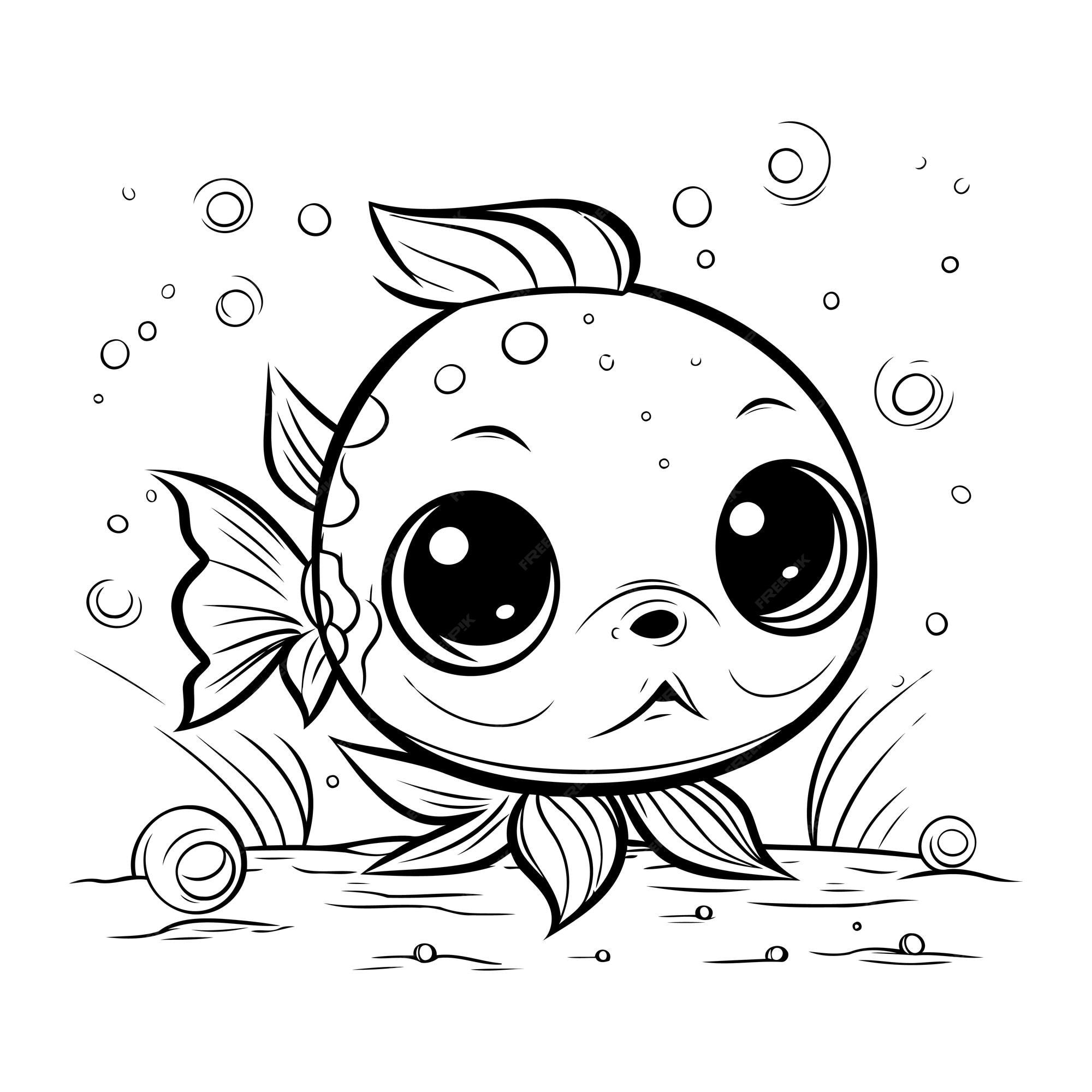 Premium Vector | Black and white cartoon illustration of cute fish