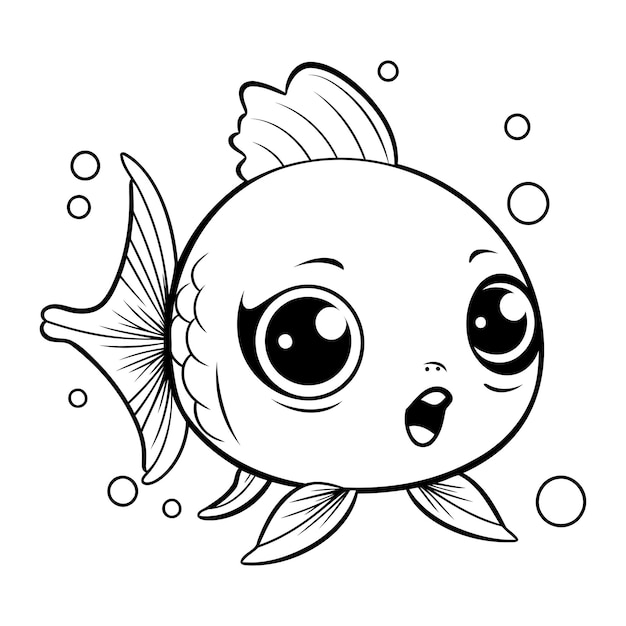 Vector black and white cartoon illustration of cute fish character for coloring book