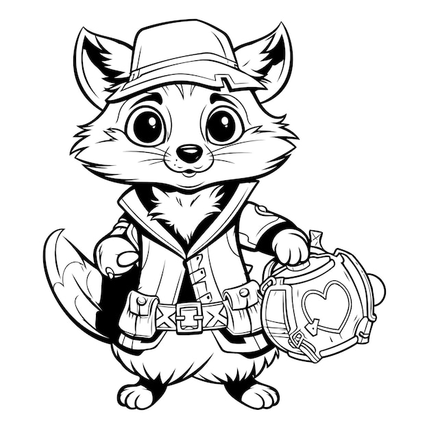 Vector black and white cartoon illustration of cute fox cowboy animal character for coloring book