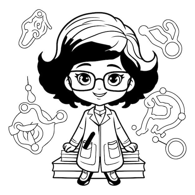 Vector black and white cartoon illustration of cute girl student studying at school