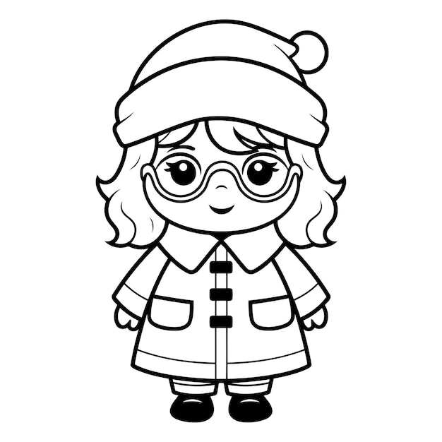 Vector black and white cartoon illustration of cute girl in winter clothes coloring book