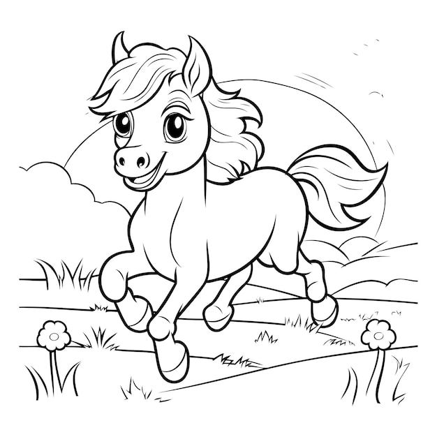 Vector black and white cartoon illustration of cute horse animal for coloring book