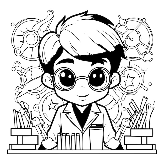 Black and White Cartoon Illustration of Cute Kid Boy Student in Science Class Coloring Book