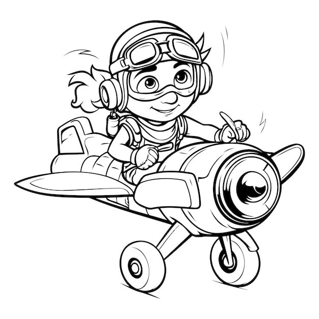 Black and White Cartoon Illustration of Cute Kid Pilot Character Flying a Plane