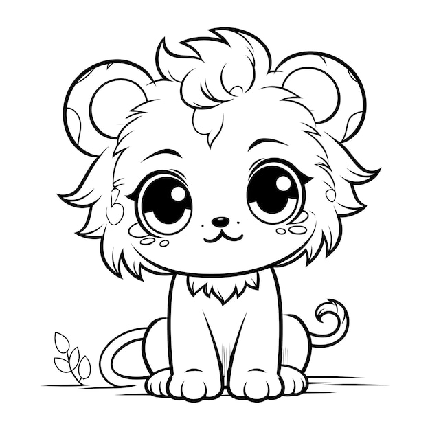Illustrazione cartoon in bianco e nero del libro da colorare del simpatico personaggio animale del leone
