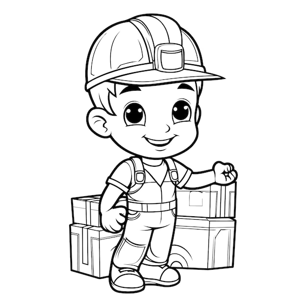 Black and White Cartoon Illustration of Cute Little Boy Builder Character with Boxes for Coloring Book