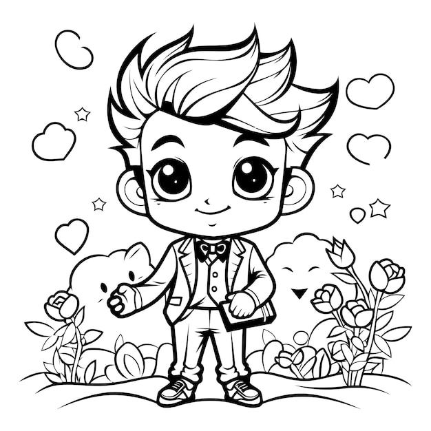 Vector black and white cartoon illustration of cute little boy character for coloring book