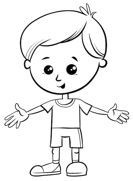 Vector black and white cartoon illustration of cute little boy character coloring book