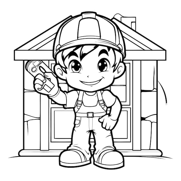 Black and white cartoon illustration of cute little boy construction worker character for coloring book
